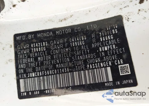 2017 Honda Accord Hybrid Ex-L from USA, damaged, VIN JHMCR6F56HC011456